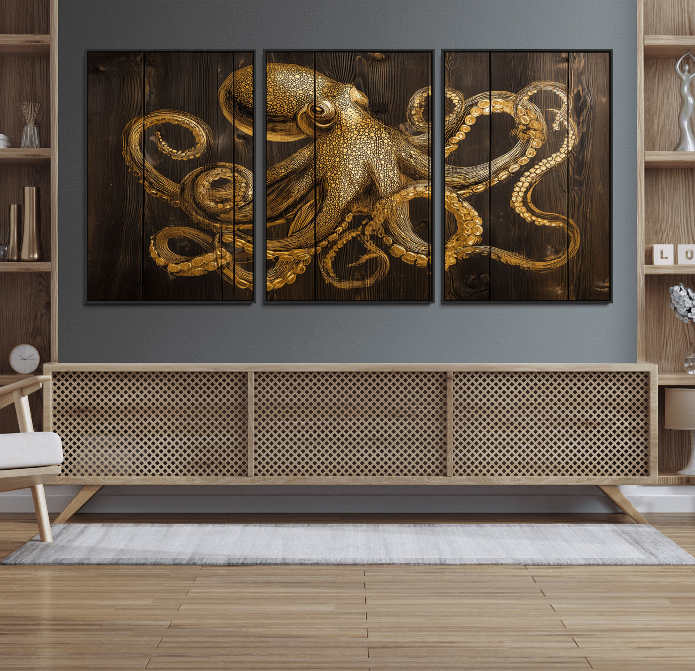 56769669-MGV-FC-60X30-3P_Black-Octopus Wall Art – Gold Nautical Canvas Print with Rustic Wood Panel Design, Detailed Marine Artwork for Coastal Ocean Decoration