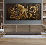 56769669-MGV-FC-60X30-3P_Black-Octopus Wall Art – Gold Nautical Canvas Print with Rustic Wood Panel Design, Detailed Marine Artwork for Coastal Ocean Decoration