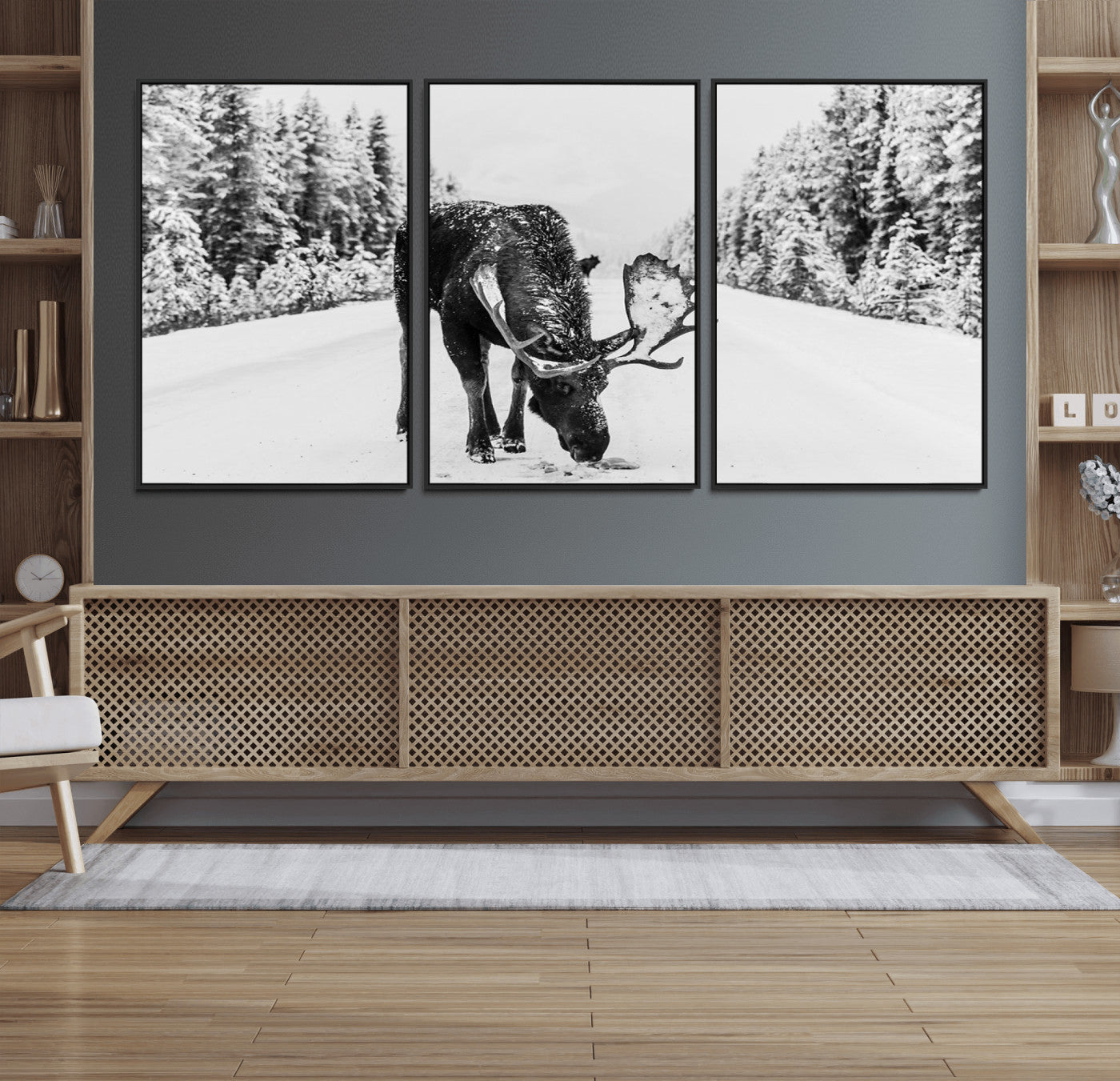 38956835-MGV-CV-36X24-Moose Wall Art – Black and White Wildlife Canvas Print with Snowy Forest Road, Rustic Nature Photography for Cabin, Lodge, Living