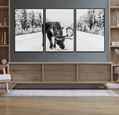 38956835-MGV-CV-36X24-Moose Wall Art – Black and White Wildlife Canvas Print with Snowy Forest Road, Rustic Nature Photography for Cabin, Lodge, Living