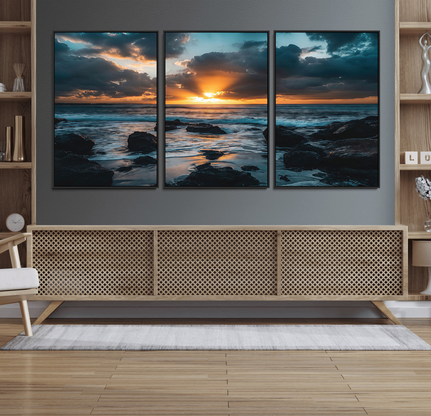 66040852-MGV-CV-36X24-Ocean Sunset Canvas Wall Art – Rocky Shore Waves, Dramatic Clouds, Golden Sun Rays, Coastal Nature, Serene Water Reflection for
