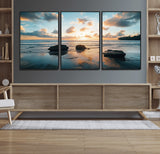 23879436-MGV-FC-60X30-3P_Black-Ocean Sunset Wall Art – Serene Seascape Canvas Print with Golden Sky, Reflections on Sand and Calm Waves, Peaceful Coastal