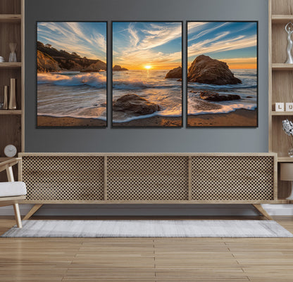 85659923-MGV-CV-36X24-Ocean Sunset Wall Art – Dramatic Seascape Canvas Print with Cliffs, Crashing Waves and Golden Sky, Bold Coastal Photography for