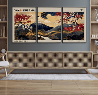 66892669-MGV-FC-60X30-3P_Black-Japanese Landscape Wall Art – Mount Fuji Canvas Print with Cherry Blossoms and Golden Waves, Traditional Asian Inspired Artwork