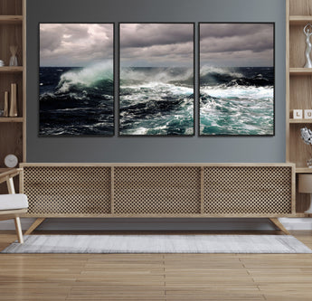 38622353-MGV-FC-60X30-3P_Black-Ocean Wave Wall Art – Dramatic Seascape Canvas Print with Stormy Sky and Crashing Sea, Bold Coastal Photography for Living Room,