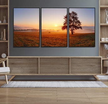 57919623-MGV-FC-60X30-3P_Black-Sunrise Landscape Wall Art – Golden Morning Canvas Print with Tree, Misty Hills and Open Field, Peaceful Nature Photography for