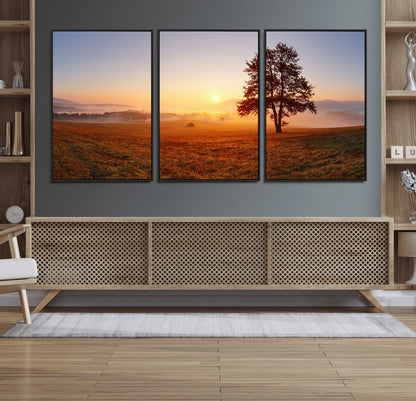 57919623-MGV-FC-60X30-3P_Black-Sunrise Landscape Wall Art – Golden Morning Canvas Print with Tree, Misty Hills and Open Field, Peaceful Nature Photography for