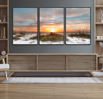 58266230-MGV-FC-60X30-3P_Black-Beach Sunset Wall Art – Coastal Canvas Print with Sandy Dunes, Sea Grass and Golden Sky, Serene Ocean Landscape Photography for