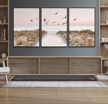 34632598-MGV-CV-36X24-Coastal Pathway Canvas Wall Art – Framed Seaside Landscape, Large Beach and Birds Canvas Print for Home, Office, or Living Room