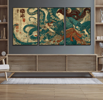 46837670-MGV-CV-36X24-Tsukioka Yoshitoshi Samurai Wall Art Print, Japanese Katana Warrior Canvas Wall Art, Octopus Sea Monster Canvas Print,