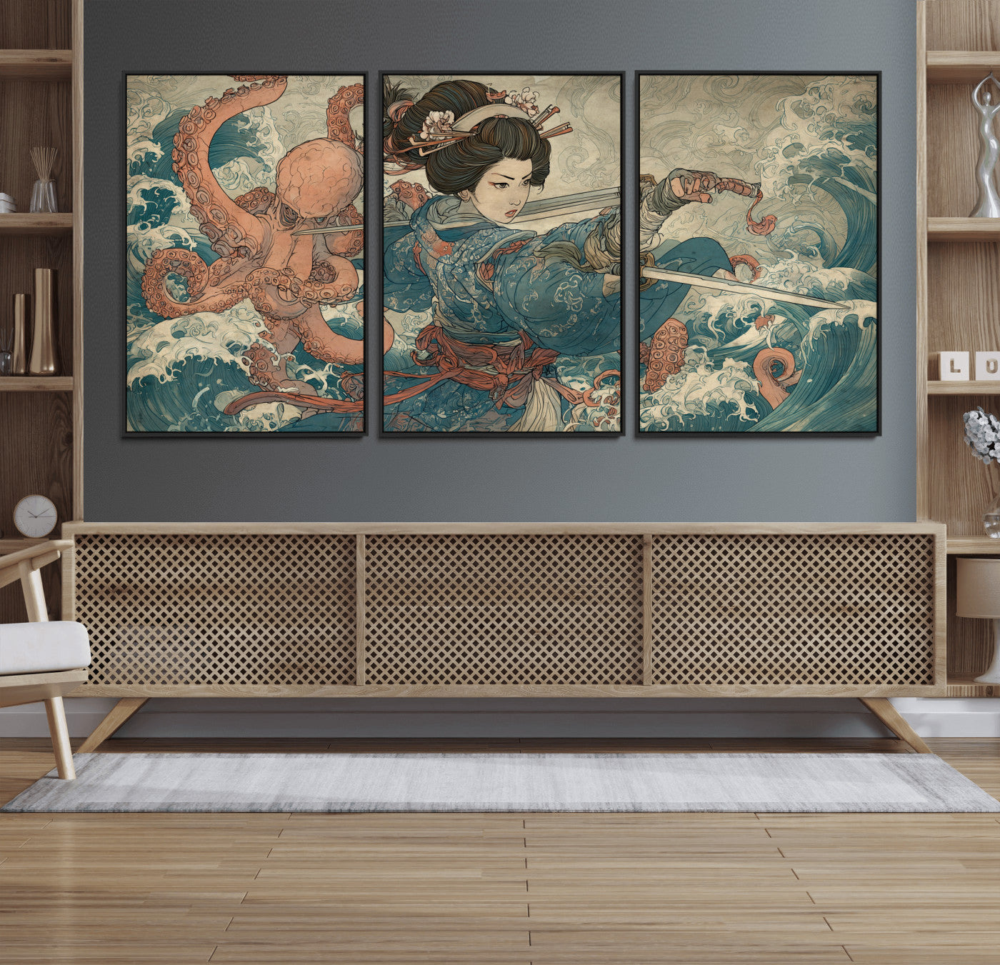 52037775-MGV-CV-36X24-Tsukioka Yoshitoshi Samurai Wall Art Print, Japanese Katana Warrior Canvas Wall Art, Octopus Sea Monster Canvas Print,