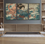 52037775-MGV-FC-60X30-3P_Black-Samurai Woman Wall Art – Japanese Ukiyo e Style Canvas Print with Katana, Ocean Waves and Octopus, Traditional Asian Inspired