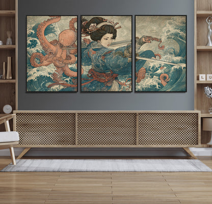 52037775-MGV-FC-60X30-3P_Black-Samurai Woman Wall Art – Japanese Ukiyo e Style Canvas Print with Katana, Ocean Waves and Octopus, Traditional Asian Inspired