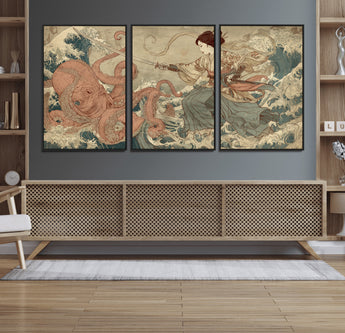 54879547-MGV-CV-36X24-Tsukioka Yoshitoshi Samurai Wall Art Print, Japanese Katana Warrior Canvas Wall Art, Octopus Sea Monster Canvas Print,