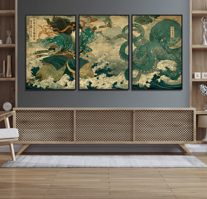 24416422-MGV-CV-36X24-Tsukioka Yoshitoshi Samurai Wall Art Print, Japanese Katana Warrior Canvas Wall Art, Octopus Sea Monster Canvas Print,