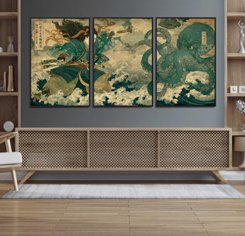 24416422-MGV-FC-60X30-3P_Black-Samurai vs Octopus Wall Art – Japanese Warrior Ocean Battle Canvas Print, Ukiyo e Inspired Decor for Home, Office, or Man Cave