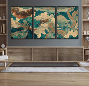 37943964-MGV-CV-36X24-Samurai Warrior vs Octopus Wall Art – Japanese Ukiyo-e Style Canvas Print, Ocean Battle Scene Artwork for Living Room, Office, Man