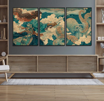 37943964-MGV-CV-36X24-Samurai Warrior vs Octopus Wall Art – Japanese Ukiyo-e Style Canvas Print, Ocean Battle Scene Artwork for Living Room, Office, Man