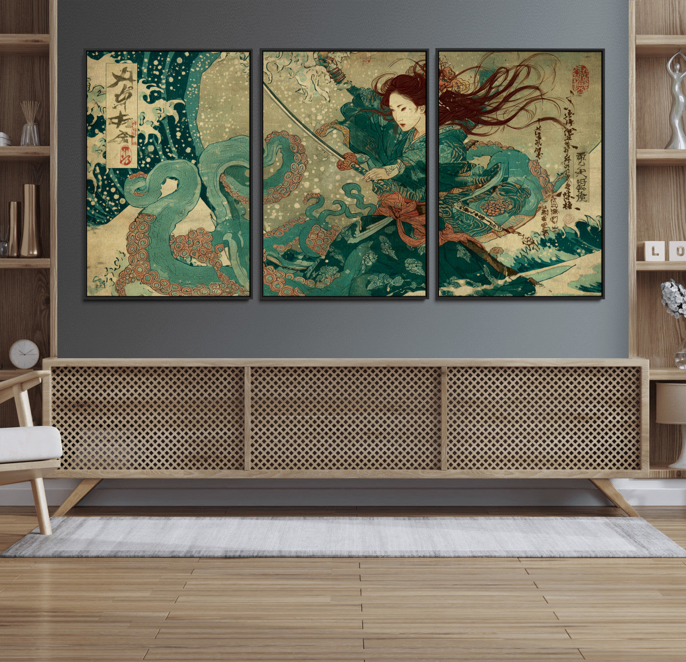 86918027-MGV-FC-60X30-3P_Black-Samurai Warrior vs Octopus Wall Art – Japanese Ukiyo-e Ocean Battle Canvas Print, Traditional Samurai Artwork for Living Room,