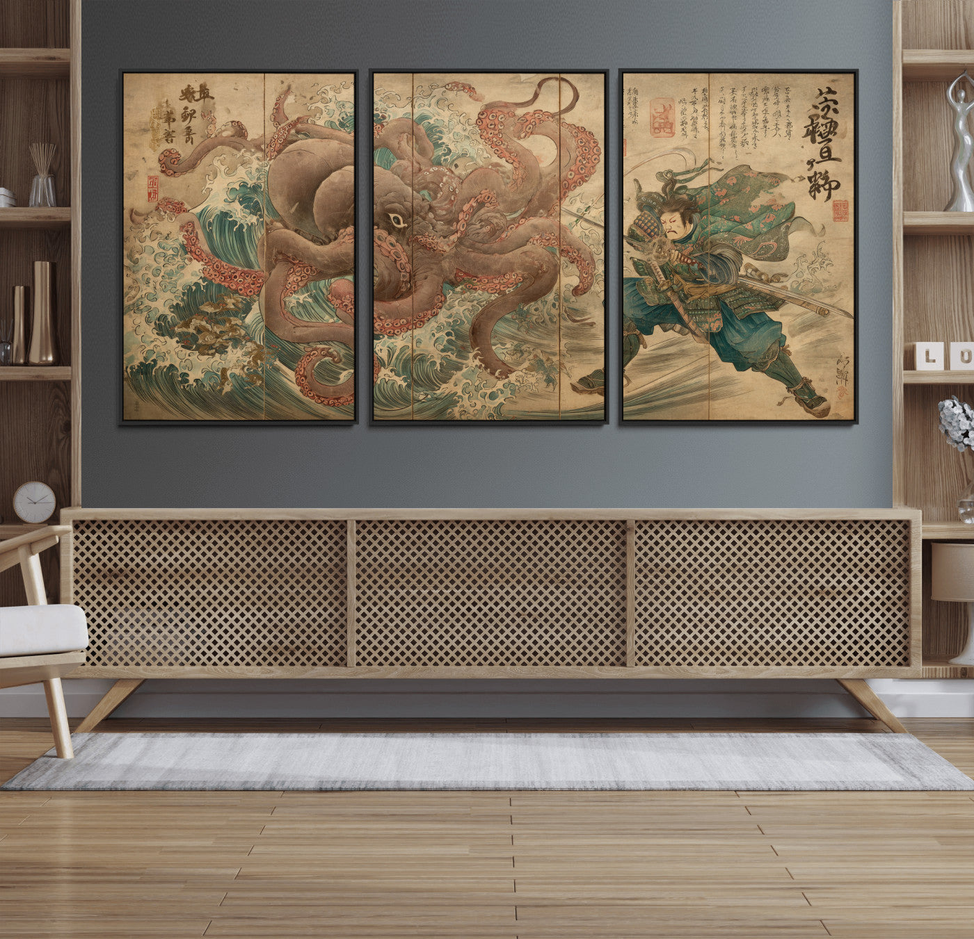 63782167-MGV-CV-36X24-Tsukioka Yoshitoshi Samurai Wall Art Print, Japanese Katana Warrior Canvas Wall Art, Octopus Sea Monster Canvas Print,