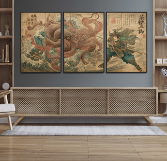 63782167-MGV-CV-36X24-Tsukioka Yoshitoshi Samurai Wall Art Print, Japanese Katana Warrior Canvas Wall Art, Octopus Sea Monster Canvas Print,
