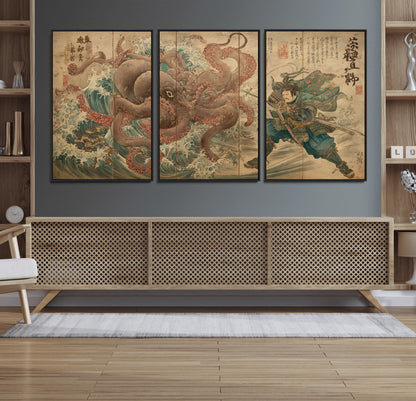 63782167-MGV-CV-36X24-Tsukioka Yoshitoshi Samurai Wall Art Print, Japanese Katana Warrior Canvas Wall Art, Octopus Sea Monster Canvas Print,