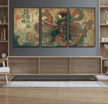 98593115-MGV-FC-60X30-3P_Black-Samurai Warrior vs Octopus Wall Art – Japanese Ukiyo-e Calligraphy Canvas Print, Ocean Battle Scene Artwork for Living Room,