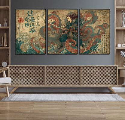 98593115-MGV-FC-60X30-3P_Black-Samurai Warrior vs Octopus Wall Art – Japanese Ukiyo-e Calligraphy Canvas Print, Ocean Battle Scene Artwork for Living Room,