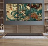 18575670-MGV-FC-60X30-3P_Black-Samurai Woman vs Octopus Wall Art – Japanese Ukiyo-e Ocean Battle Canvas Print, Traditional Warrior Artwork for Living Room,