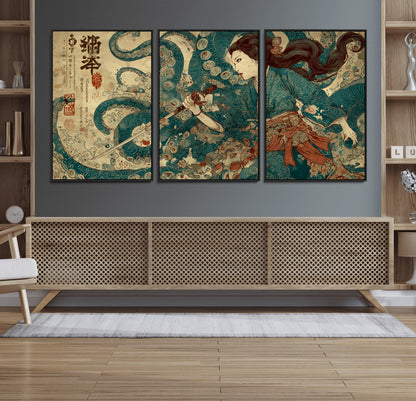 18575670-MGV-FC-60X30-3P_Black-Samurai Woman vs Octopus Wall Art – Japanese Ukiyo-e Ocean Battle Canvas Print, Traditional Warrior Artwork for Living Room,
