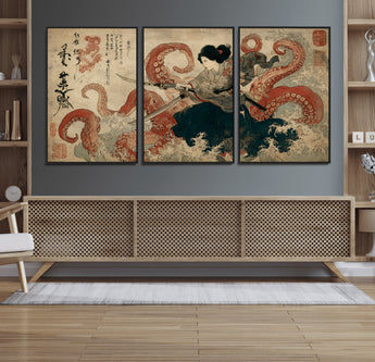 50812504-MGV-CV-36X24-Tsukioka Yoshitoshi Samurai Wall Art Print, Japanese Katana Warrior Canvas Wall Art, Octopus Sea Monster Canvas Print,