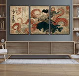 50812504-MGV-FC-60X30-3P_Black-Samurai Woman vs Octopus Wall Art – Japanese Ukiyo-e Red Tentacle Canvas Print, Ocean Battle Artwork for Living Room, Office, Man