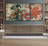 68844327-MGV-CV-36X24-Tsukioka Yoshitoshi Samurai Wall Art Print, Japanese Katana Warrior Canvas Wall Art, Octopus Sea Monster Canvas Print,