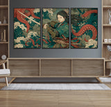 35461724-MGV-FC-60X30-3P_Black-Samurai Woman vs Octopus Wall Art – Japanese Ukiyo-e Ocean Waves Canvas Print, Red Tentacle Battle Artwork for Living Room,
