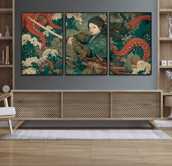35461724-MGV-FC-60X30-3P_Black-Samurai Woman vs Octopus Wall Art – Japanese Ukiyo-e Ocean Waves Canvas Print, Red Tentacle Battle Artwork for Living Room,