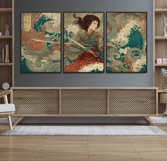 63377977-MGV-CV-36X24-Tsukioka Yoshitoshi Samurai Wall Art Print, Japanese Katana Warrior Canvas Wall Art, Octopus Sea Monster Canvas Print,