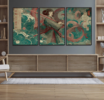 91666601-MGV-FC-60X30-3P_Black-Samurai Woman vs Octopus Wall Art – Japanese Ukiyo-e Green Robe Canvas Print, Ocean Battle Artwork for Living Room, Office, Man