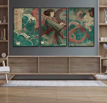 91666601-MGV-FC-60X30-3P_Black-Samurai Woman vs Octopus Wall Art – Japanese Ukiyo-e Green Robe Canvas Print, Ocean Battle Artwork for Living Room, Office, Man
