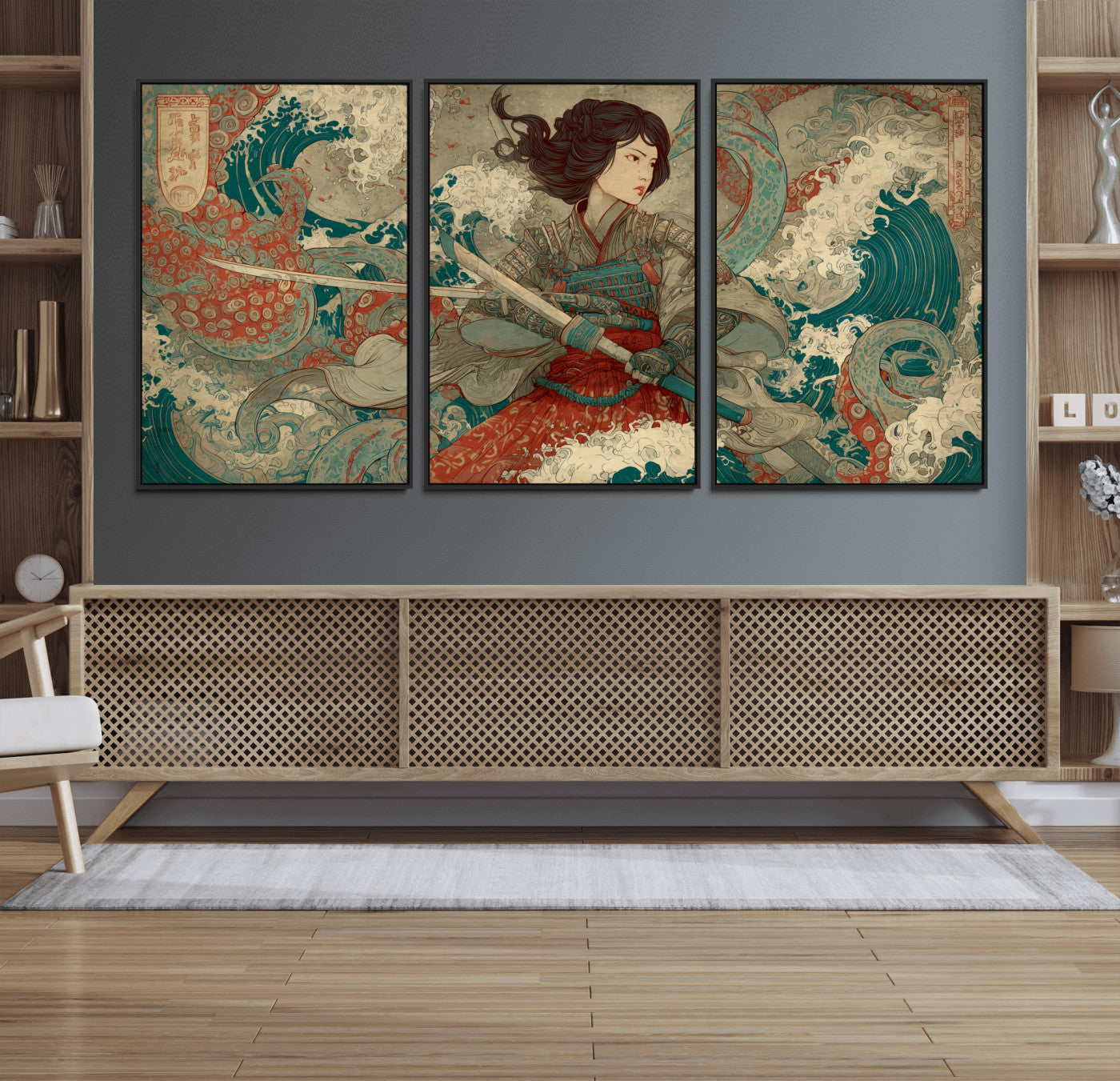 37797255-MGV-FC-60X30-3P_Black-Samurai Woman vs Octopus Wall Art – Japanese Ukiyo-e Red Armor Ocean Battle Canvas Print, Warrior Artwork for Living Room, Office,