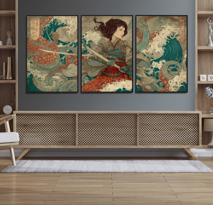 37797255-MGV-FC-60X30-3P_Black-Samurai Woman vs Octopus Wall Art – Japanese Ukiyo-e Red Armor Ocean Battle Canvas Print, Warrior Artwork for Living Room, Office,