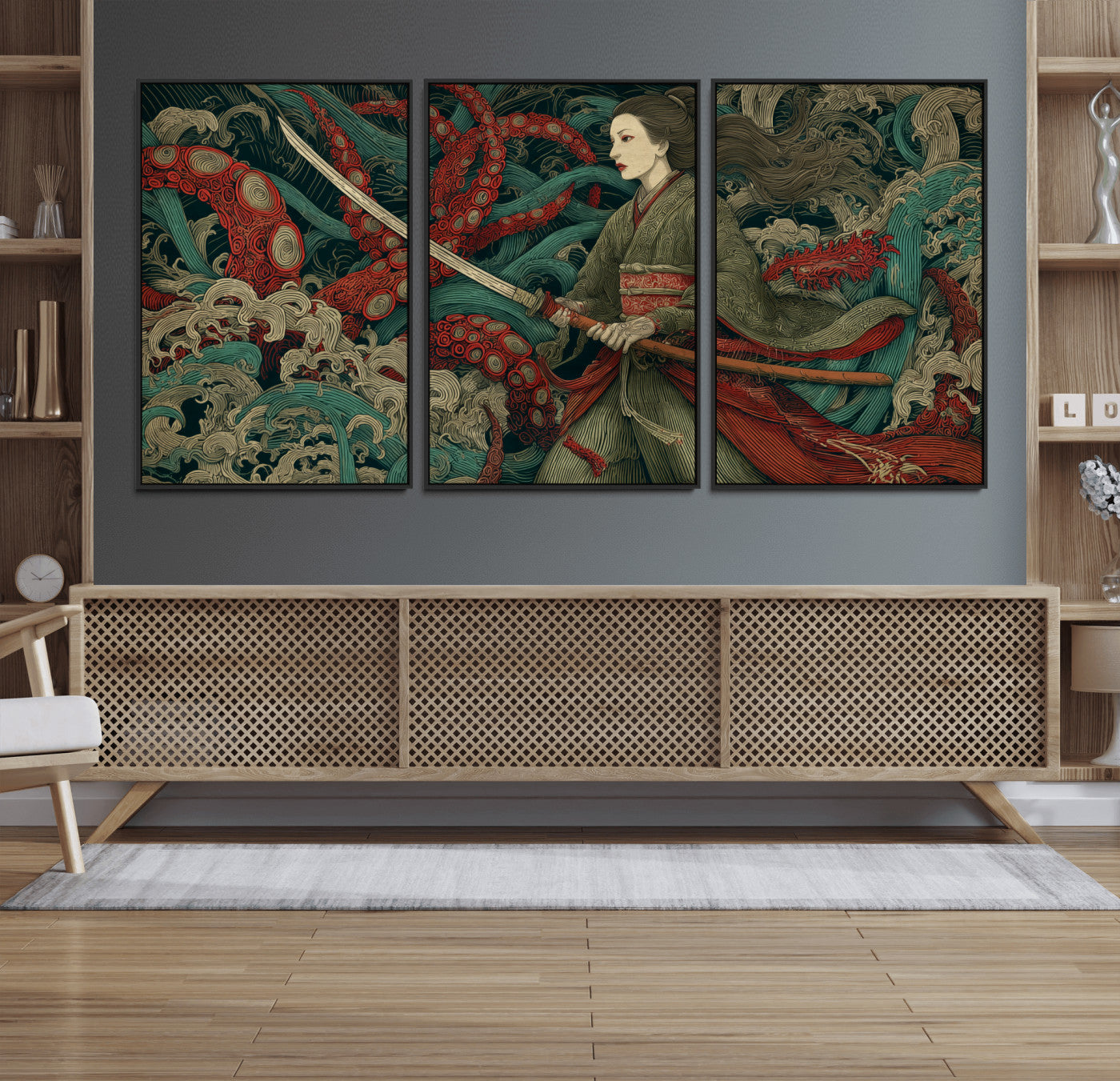 18902796-MGV-FC-60X30-3P_Black-Samurai Woman vs Octopus Wall Art – Japanese Ukiyo-e Green Kimono Canvas Print, Ocean Battle Scene Artwork for Living Room,
