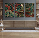 18902796-MGV-FC-60X30-3P_Black-Samurai Woman vs Octopus Wall Art – Japanese Ukiyo-e Green Kimono Canvas Print, Ocean Battle Scene Artwork for Living Room,