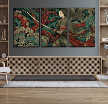 18902796-MGV-FC-60X30-3P_Black-Samurai Woman vs Octopus Wall Art – Japanese Ukiyo-e Green Kimono Canvas Print, Ocean Battle Scene Artwork for Living Room,