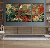 60201267-MGV-FC-60X30-3P_Black-Samurai Woman vs Octopus Wall Art – Japanese Ukiyo-e Armor Canvas Print, Red Tentacle Ocean Battle Artwork for Living Room,