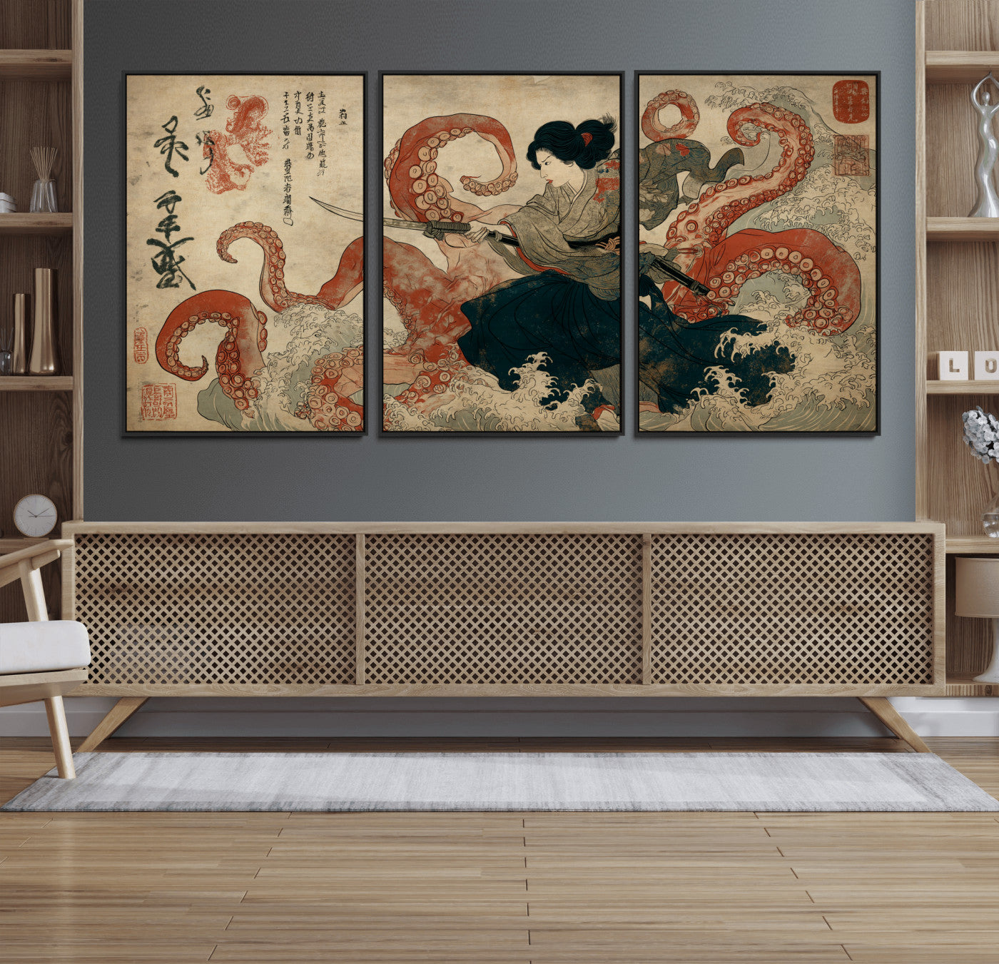 82737246-MGV-FC-60X30-3P_Black-Samurai Woman vs Octopus Wall Art – Japanese Ukiyo-e Dual Sword Canvas Print, Red Tentacle Ocean Battle Artwork for Living Room,