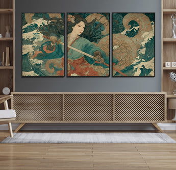 79740258-MGV-FC-60X30-3P_Black-Samurai Woman vs Octopus Wall Art – Japanese Ukiyo-e Blue Kimono Canvas Print, Ocean Battle Artwork for Living Room, Office, Man