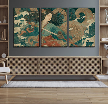 79740258-MGV-FC-60X30-3P_Black-Samurai Woman vs Octopus Wall Art – Japanese Ukiyo-e Blue Kimono Canvas Print, Ocean Battle Artwork for Living Room, Office, Man