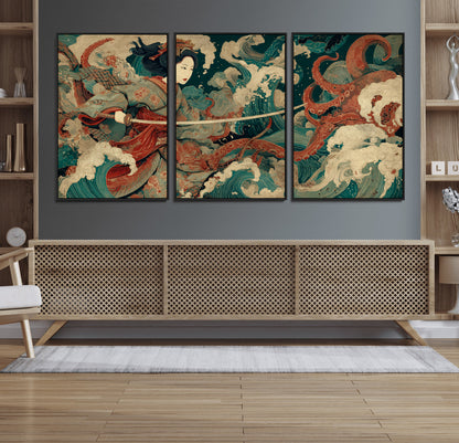30212982-MGV-FC-60X30-3P_Black-Samurai Woman vs Octopus Wall Art – Japanese Ukiyo-e Style Warrior and Sea Monster Canvas Print, Mythology Inspired Artwork for