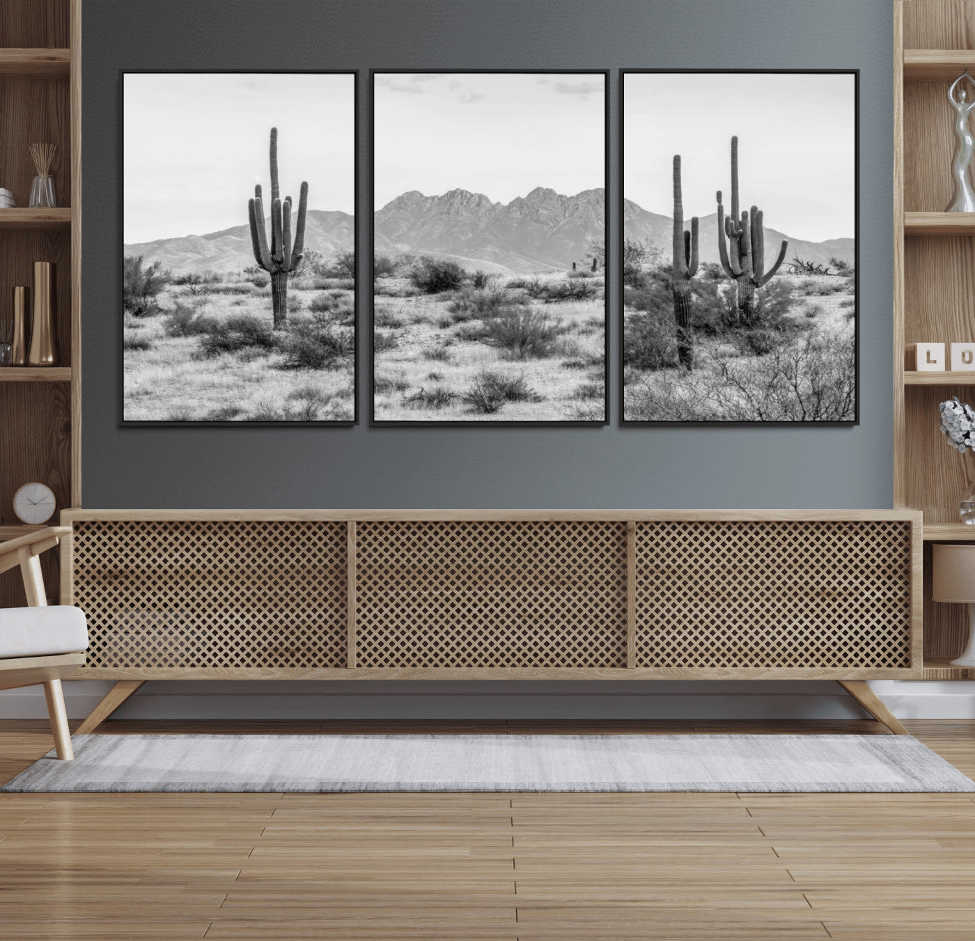 97436PHN-MGV-FC-60X30-3P_Black-Desert Landscape Wall Art – Black and White Cactus and Mountain Canvas Print, Southwestern Nature Photography for Living Room,