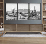 97436PHN-MGV-FC-60X30-3P_Black-Desert Landscape Wall Art – Black and White Cactus and Mountain Canvas Print, Southwestern Nature Photography for Living Room,